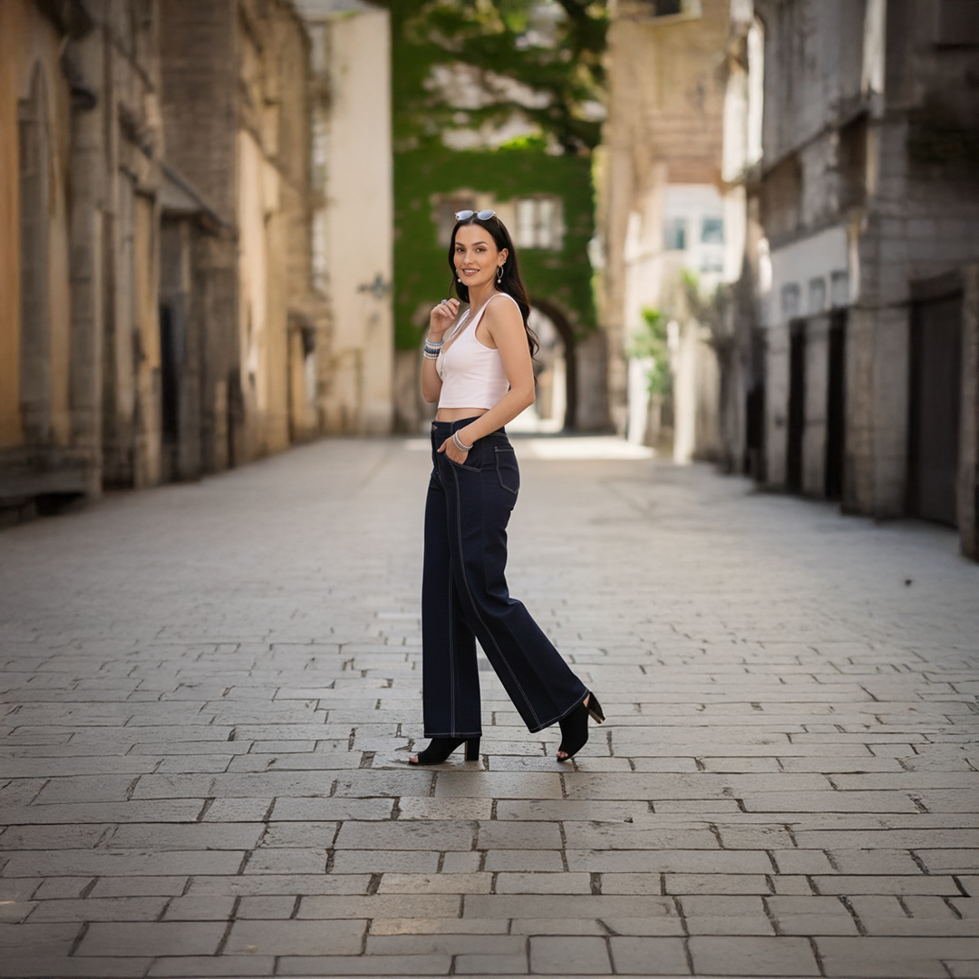 Middle Waist Pleated Wide Leg Denim